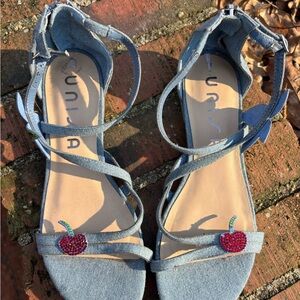 Unisa Denim Strappy Sandals with Red Cherry Accents